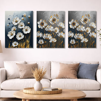 Cornflowers in White and Gold Tones I – Botanical Metal Wall Decor Print Set of 3