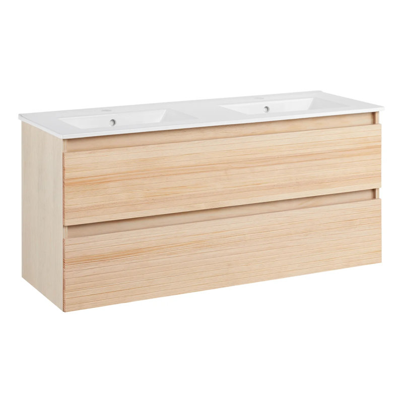 Kiah 48" Wall-Mounted Double Bathroom Vanity, Light Oak