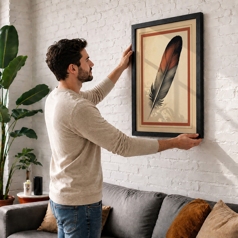 Single Feather In Gold Botanical - Print, Oak, A3 - 42.0 x 29.7 cm