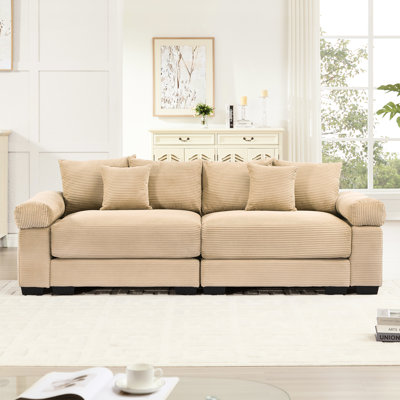Canapé de coin modulable 2 places en velours côtelé camel 92 po avec coussins décoratifs et base en bois massif pour la décoration du salon. Grand format, en bois.