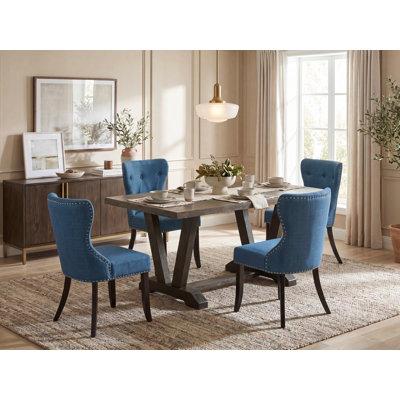 Ensemble de table de cuisine 5 pièces pour 4 personnes comprenant une table à manger rectangulaire avec pattes en V et 4 chaises de salle à manger Parson en lin bleu, 91 x 152 cm, multicolore