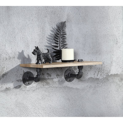 Support mural à un niveau dans la conception de la conduite d'eau, structure en métal et fabrication en bois synthétique, aspect chêne et noir, niveau de tablette de 10 lb avec aspect, placage, couleur, 18 pouces de large