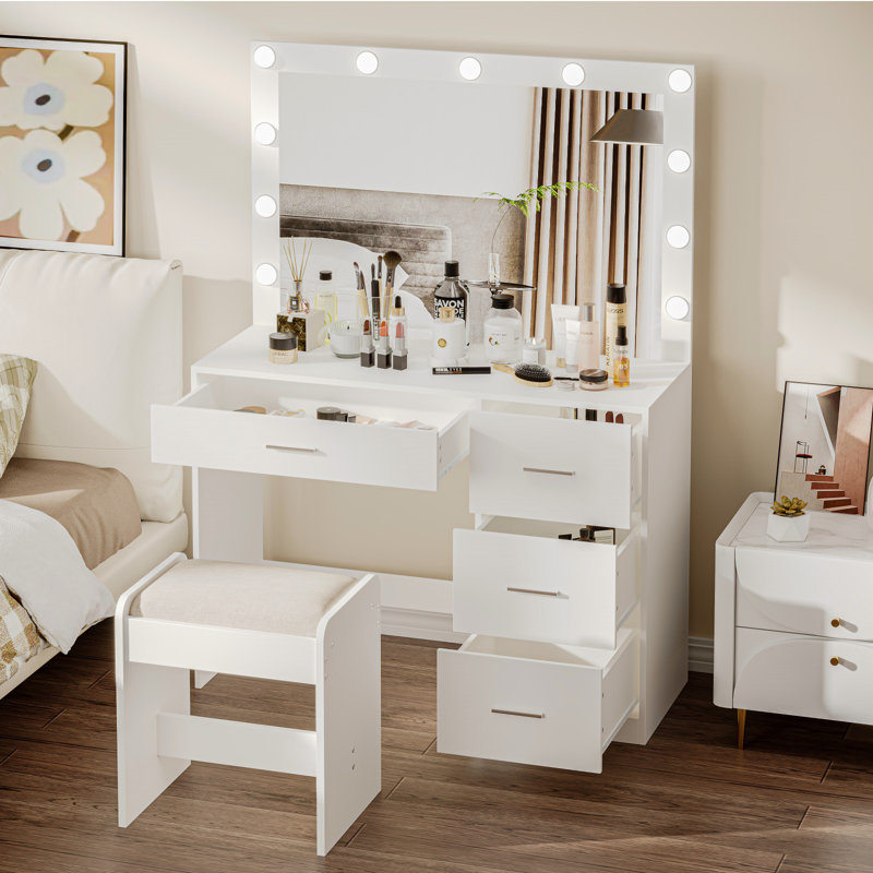 Jedidiah Makeup Vanity Table with Lights, Vanity Desk with Mirror, 4 Drawers, Dressing Table, White, White