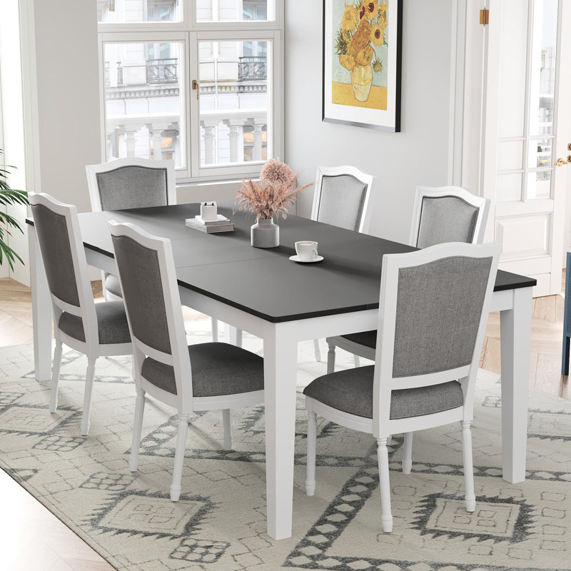 7 tables de salle à manger avec table en bois massif et 6 chaises rembourrées, rallonge de 18 po, 2 tiroirs, gris foncé et blanc rustique amovible