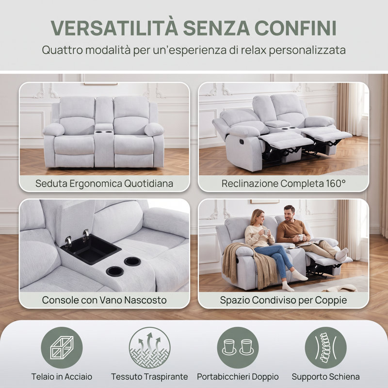 Fauteuil inclinable manuel deux places en lin gris pâle de 173 cm avec porte-gobelets, structure en bois massif et mousse à mémoire de forme haute densité.
