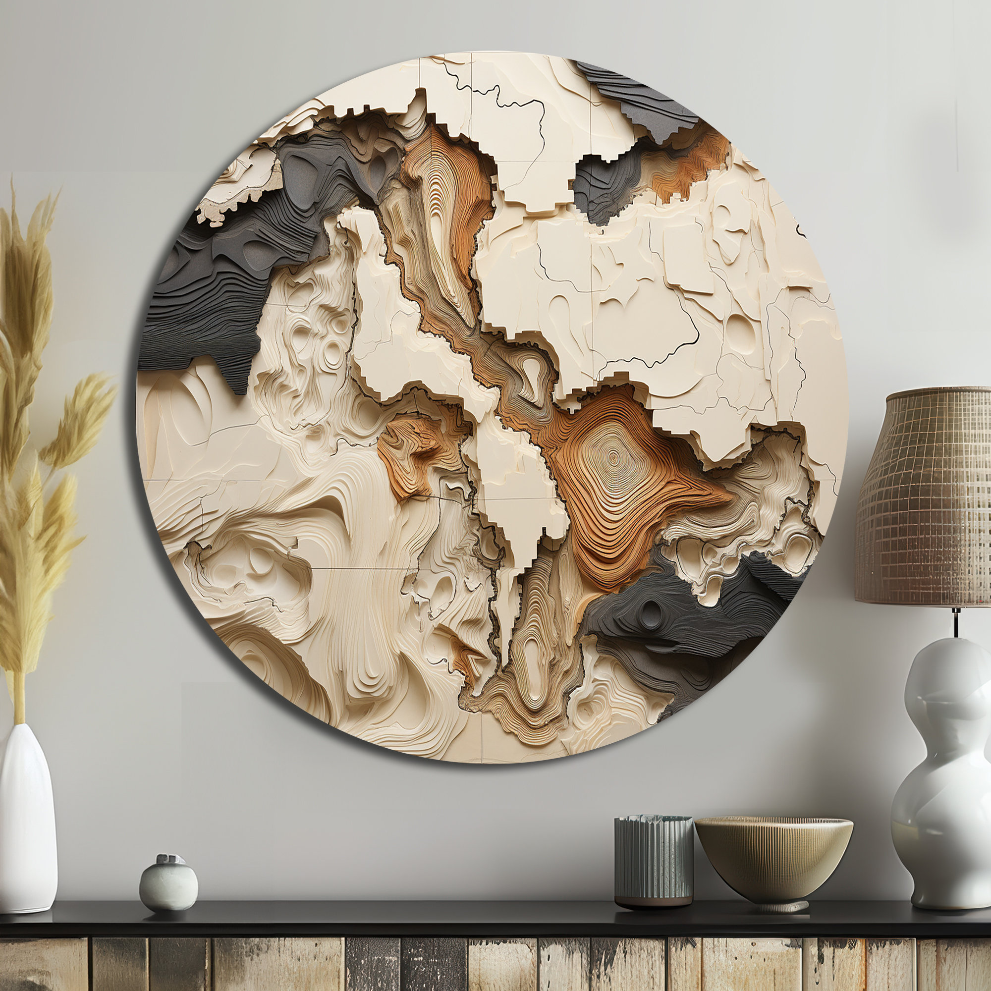 Beige & Brown African River Collage Round Metal Art Print