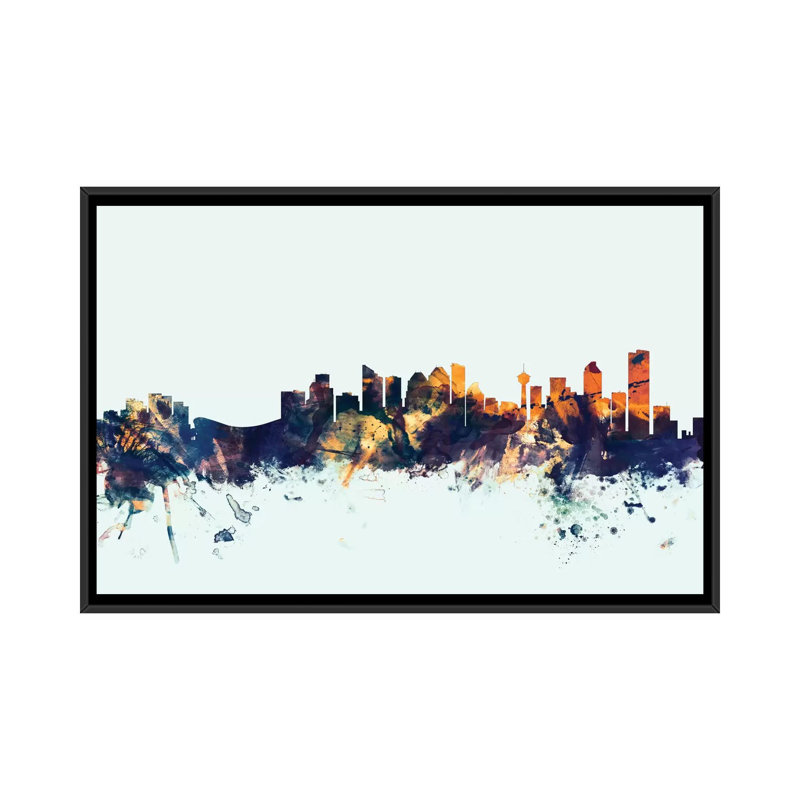 «Skyline Series: Calgary, Canada on Blue», reproduction d'art sur toile tendue, H 40 po x l 60 po x P 1,5 po, Pas de tapis