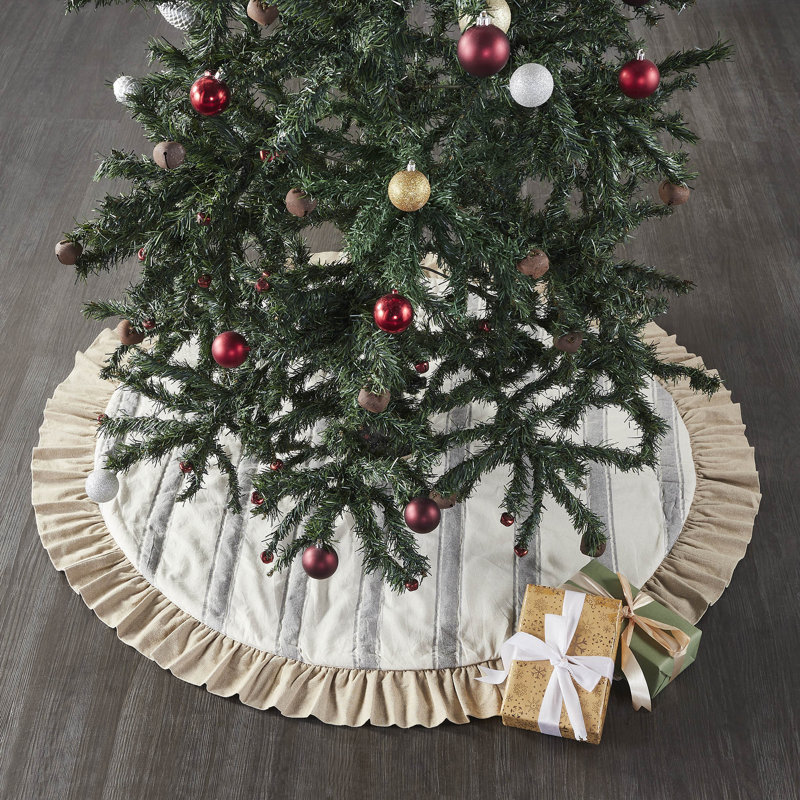 48" Cream and Gray Striped Cotton Tree Skirt