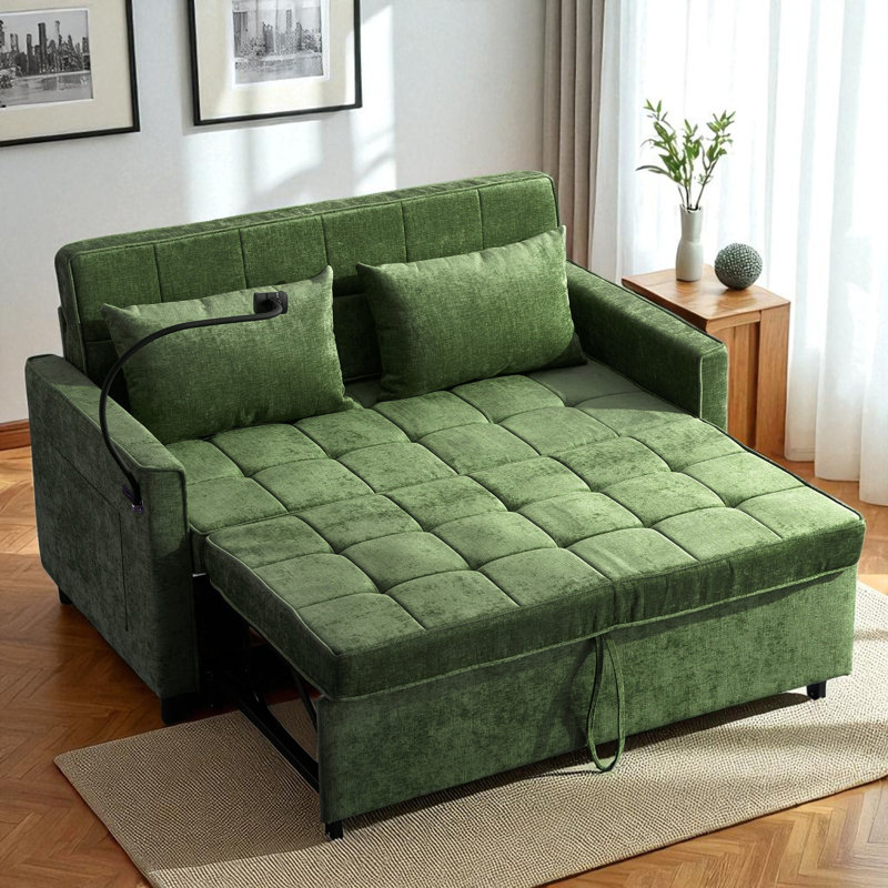 Pull-Out Sleeper Sofa Bed With USB Ports, Green