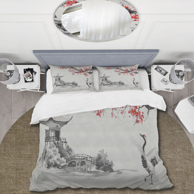 Japanese Fuji Mountain With Sakura - Traditional Duvet Cover Set - Microfiber Polyester