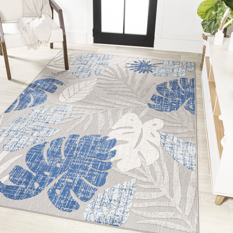 Etolin Tropical Leaf High-Low Light Gray/Navy Indoor/Outdoor Rug, Rectangle 7'9" x 10'