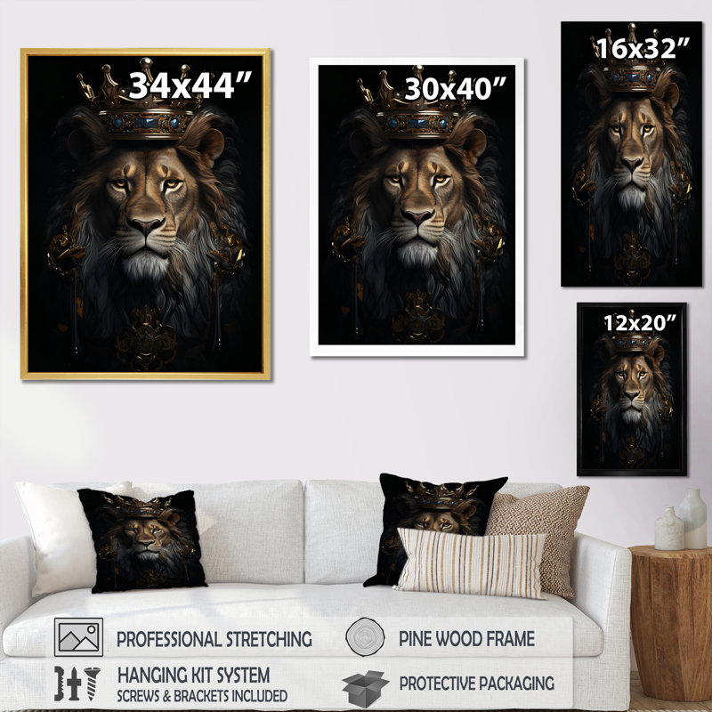 «Majestic Lion King with Golden Crown», reproduction sur toile, Toile tendue, 44" H x 34" W