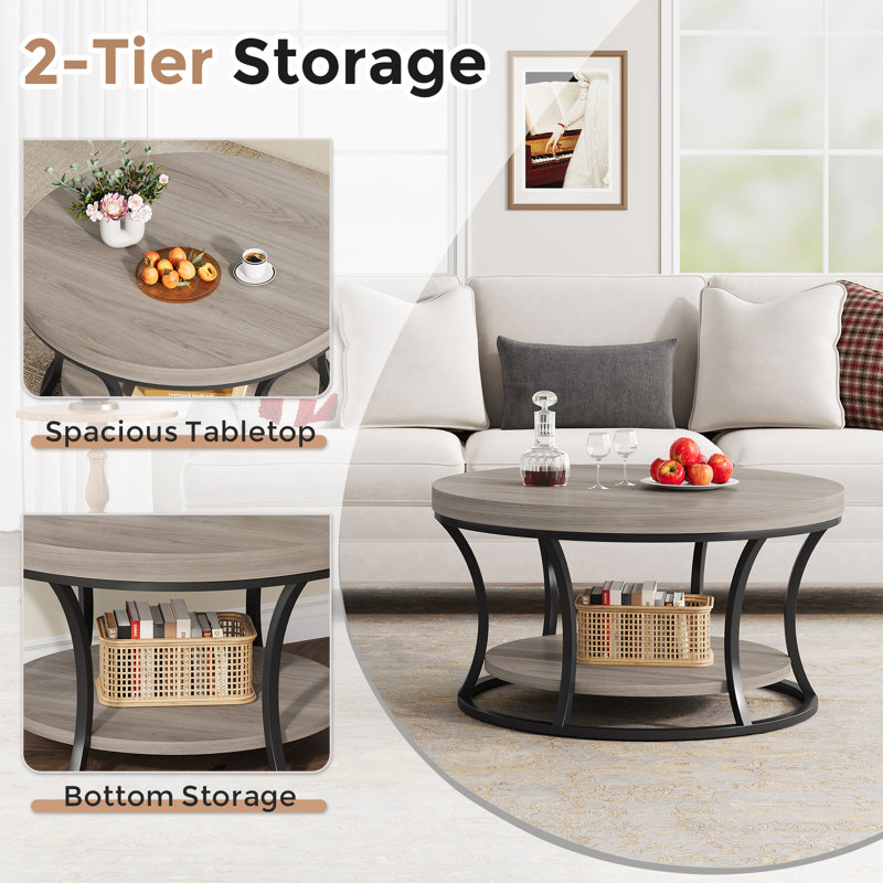 31.49’’ Round Coffee Table With 2-Tier Storage Shelves, Gray Wood