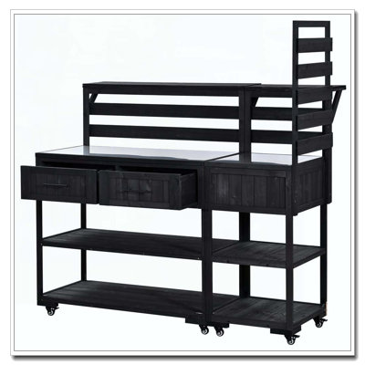 62.3'' Patio Kitchen Island Solid Wood Kitchen Cart with Stainless Table Top
