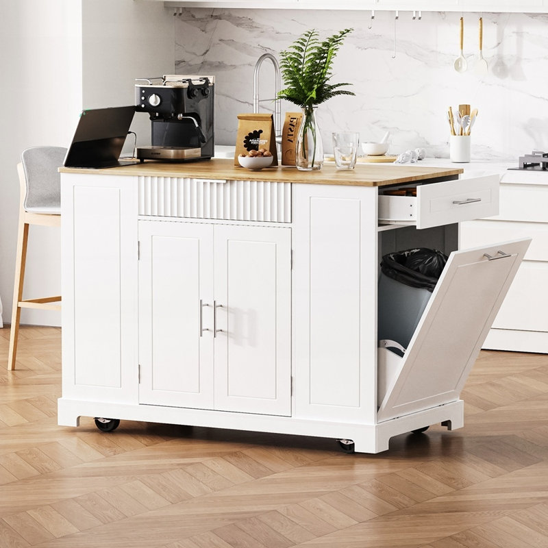 Fluted Kitchen Island with Trash Can Storage, Power Outlets, and Spacious Internal Racks on 5 Wheels, Ideal for Modern Kitchens and Efficient Organization.