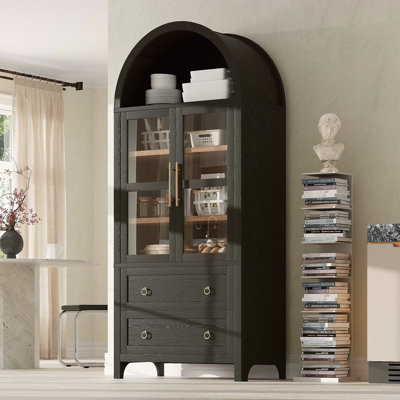 71" Tall Arched Kitchen Pantry Cabinet With 2 Large Drawers, Modern Farmhouse Kitchen Storage Cabinets With Adjustable Shelves, Glass Door, Wood Versatile Cupboard For Kitchens, Dining Room