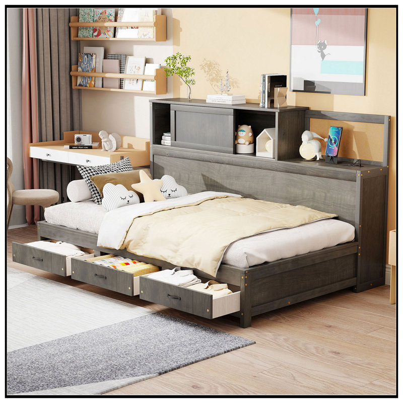 Lit de jour en bois avec 3 tiroirs de rangement, tablette souple supérieure, tablette, prises intégrées et ports USB pour une vie moderne