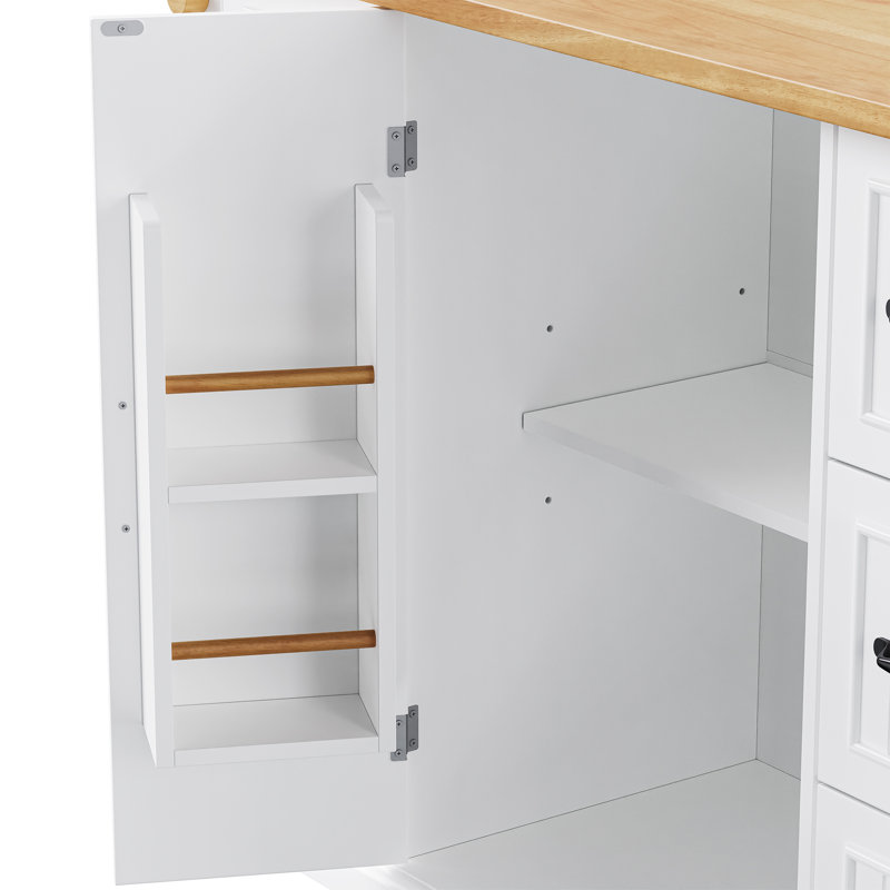 56'' Farmhouse Rolling Kitchen Island with Drop Leaf and Built-in Power Outlet,, White