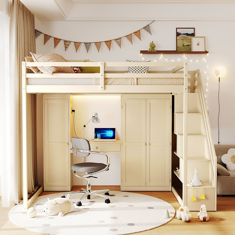 Lit mezzanine pleine grandeur de couleur beige, avec escalier latéral, tablettes ouvertes et coiffeuse de couleur beige, avec rangement intégré, rangement
