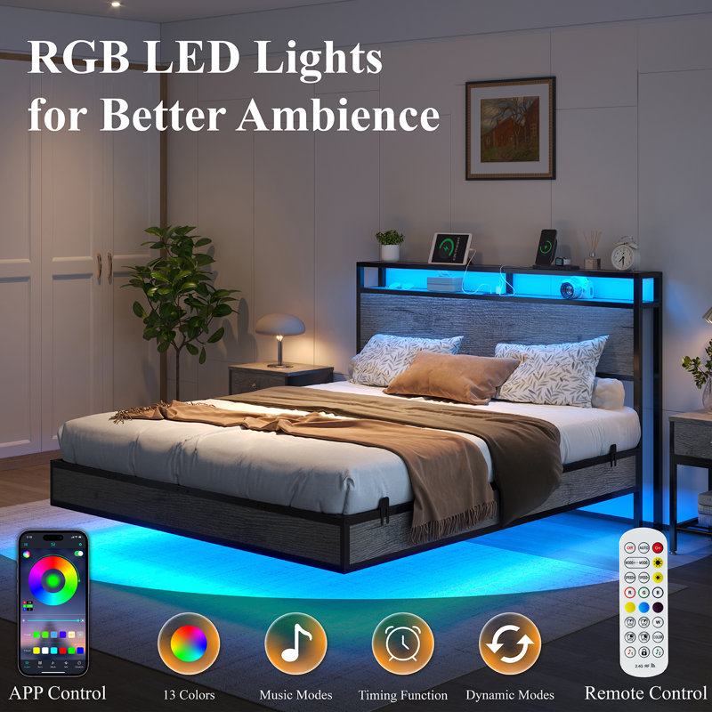 Khemis Floating Bed Frame with LED Lights and  Charging Station, RGB Smart Storage Headboard Platform Bed with Type-C & USB Port