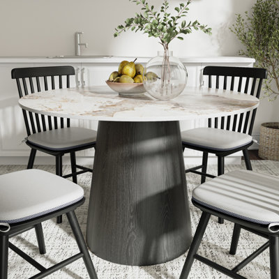 Table de salle à manger à piédestal ronde colorée de 43 po, en bois massif et en pierre frittée, noir Gemstone, pour table Tea Time In Home avec plateau en pierre, 75,41 lb, Mid-Century Modern