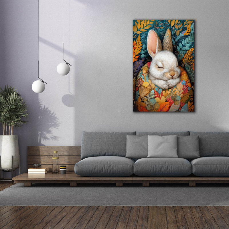 «Epic Graffiti», "Lapin qui dort entre des couvertures colorées 1" par Momart, art mural sur toile