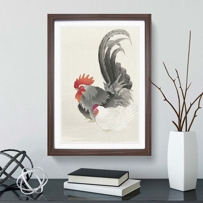 Rooster & Hen by Ohara Koson - Picture Frame Graphic Art Print, 50cm H x 35cm W x 2cm D, Walnut