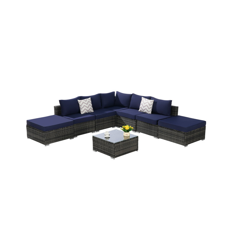 8 Pieces Outdoor Patio Sectional Sofa Couch,Wicker Furniture Conversation Sets with Washable Cushions & Glass Coffee Table for Garden, Poolside, Backyard