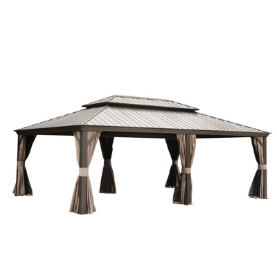 14X22ft Outdoor Gazebo, Brown. Galvanized Steel Metal Top And Aluminum Frame. Gutter System. Curtain Netting For Privacy Comfort Gazebo Brown - Frame, Top, System,