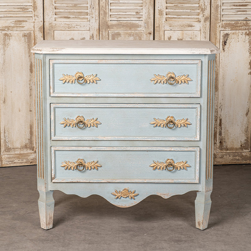 Charming Blue And Gold 3-drawer Chest With Floral Accents And Distressed Finish, Vintage Style Furniture