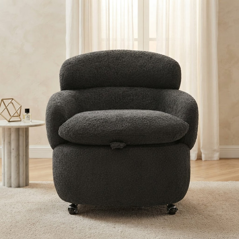 Swivel Storage Accent Chair with Casters, Upholstered Single Lounge Armchair with Hidden Storage, Noir