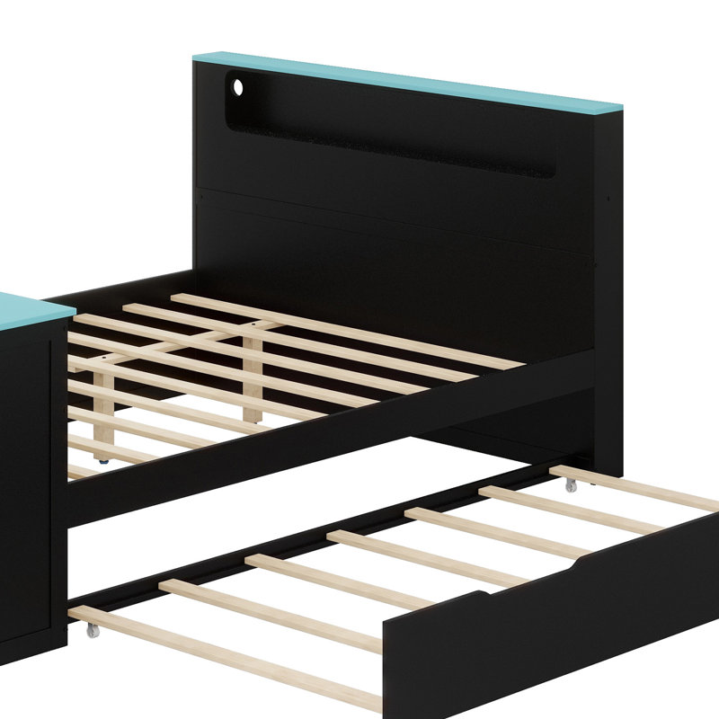 Cadre en bois avec couchette cachée, prises USB et poste de travail, Noir-bleu