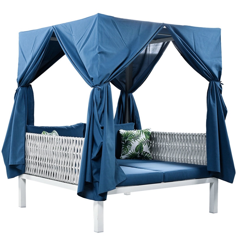 Blue Woven Rope Sunbed - Water- Comfortable Experience Patio Sun Lounger With Curtains Stylish Outdoor Furniture, Thick Cushions For Relaxation, Construction, Water-, 70.9''H X57.5''W X 57.5''D