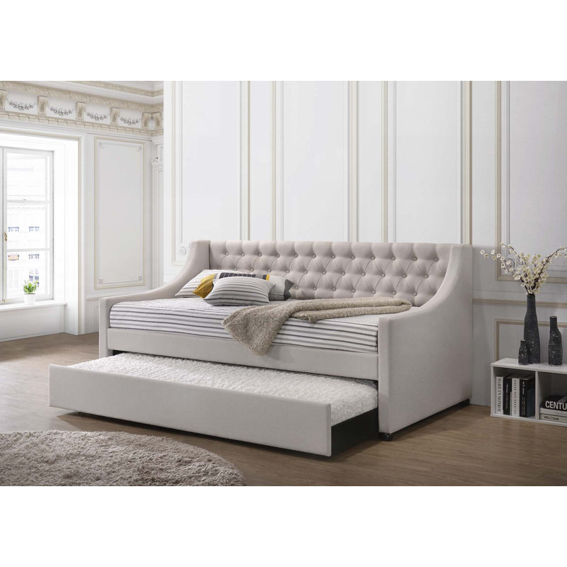 Lianna Fog Fabric Daybed with Trundle, Fully Padded for Comfort and Space Efficiency, Twin Size, Twin