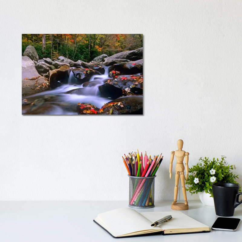 Little Pigeon River, Cascading Among Rocks And Fall Maple Leaves, Great Smoky Mountains National Park, Tennessee I by Tim Fitzharris - Wrapped Canvas Print