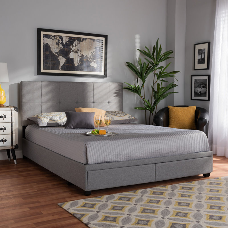 Lit plateforme tapissier avec rangement Hesiod, Gris, Très grand