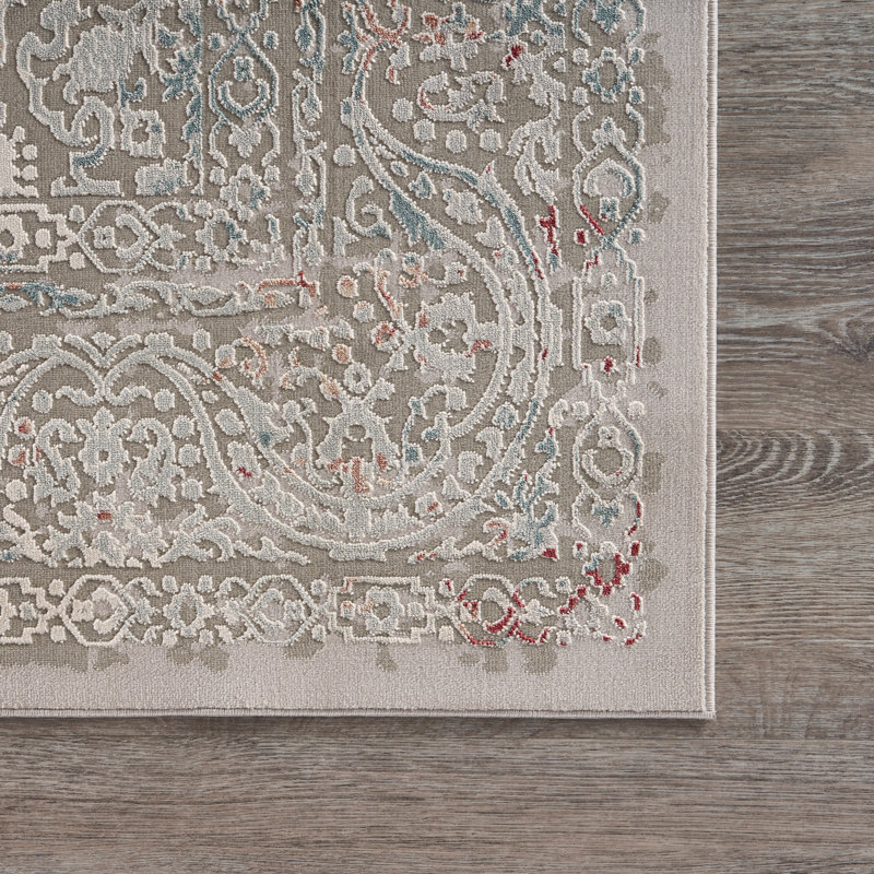 Modern Soft Damask Power-Loomed Polyester Indoor Area Rug, Gray/Red, Rectangle 5'3" x 7'6"