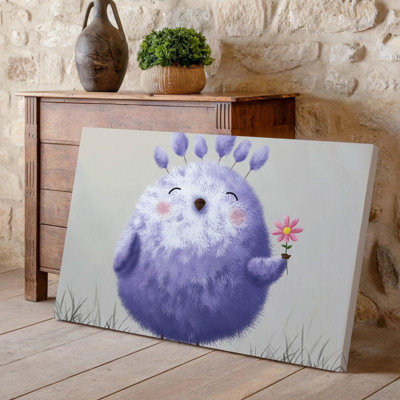 "Toile", création d'une illustration fantaisiste d'un mignon oiseau duveteux debout, avec un corps rond recouvert d'une toile pastel douce