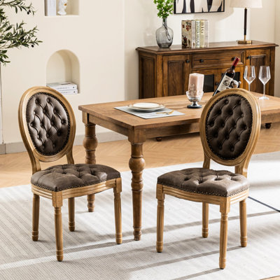 French Design Dining Chairs, 2 Brown Pu Leather Seat, Solid Wood Legs, Spring And Foam Double Resilience Seat 2 , Frame, Hand-Pulled Buckle Accents On