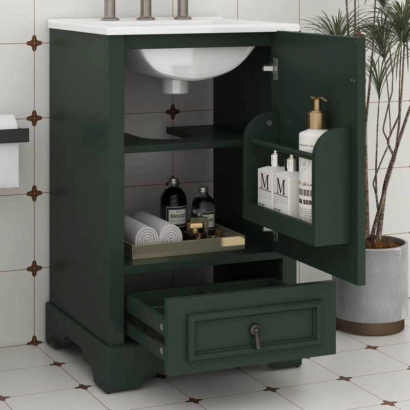 Meuble-lavabo de 20 po avec lavabo, meuble-lavabo simple avec porte à fermeture en douceur, tablette ajustable en forme de U, tiroir de compartiment et support de porte