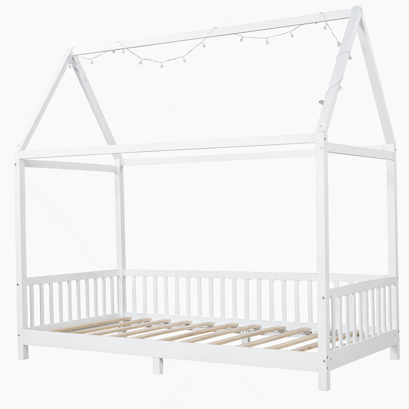 Lit double en bois avec garde-corps et DEL, bois, blanc, Double