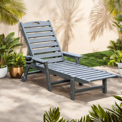 Adjustable Patio Chaise Lounges, HDPE Wood Grain Modern Poolside Set