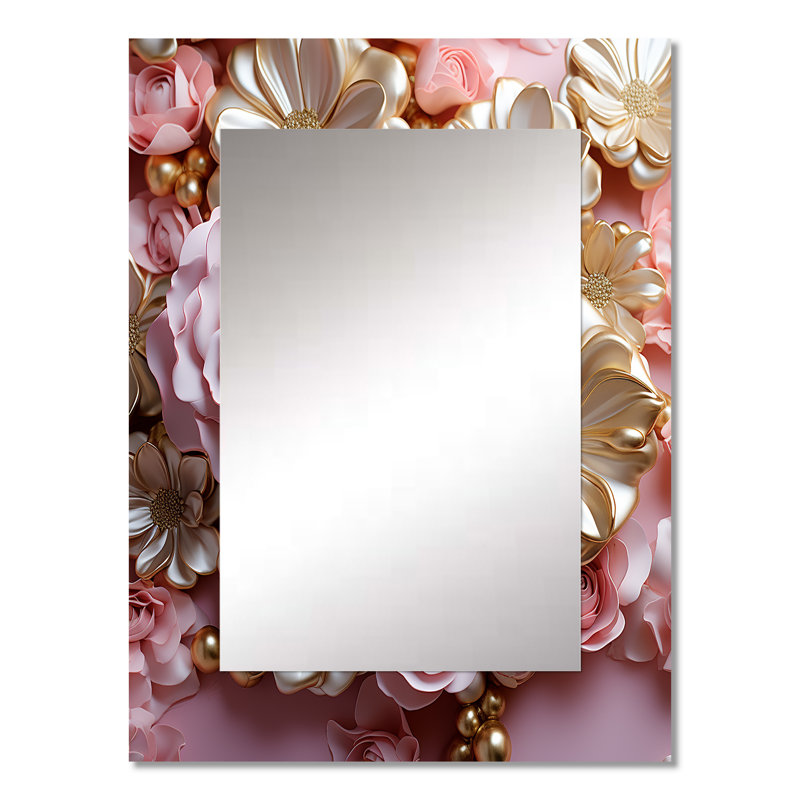 Tender White And Light Pink Liquid Flower Art - Abstract Shapes Mirror, Pink Decorative Wall Mirror, Printed Metal Art