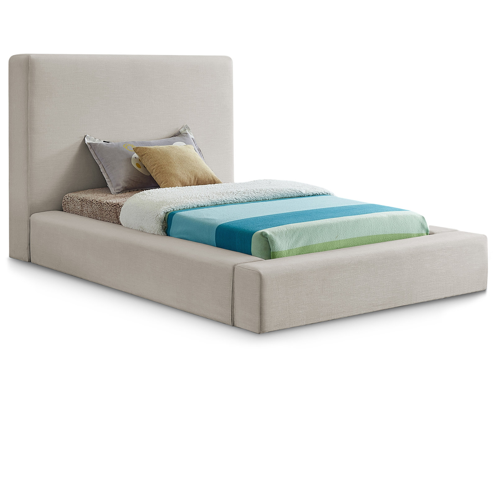 Ishia Upholstered Platform Bed, Twin, Beige Linen
