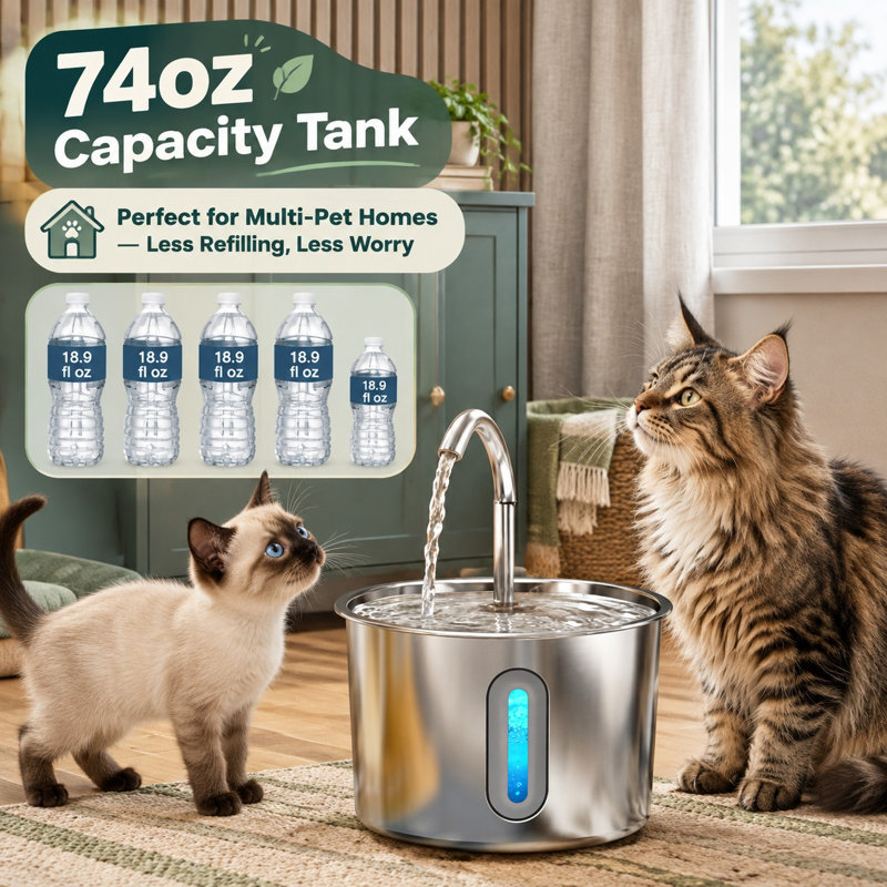 Fontaine à eau d'intérieur pour chat en acier inoxydable de 2,2 L (74 oz) avec distribution silencieuse, fournie avec 8 filtres et 8 éponges.