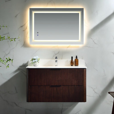 36" Modern Fluted Bathroom Vanity With Integrated Acrylic Sink, Soft-Close Drawers & Pre-assembled, Wall-Mounted Floating Cabinet