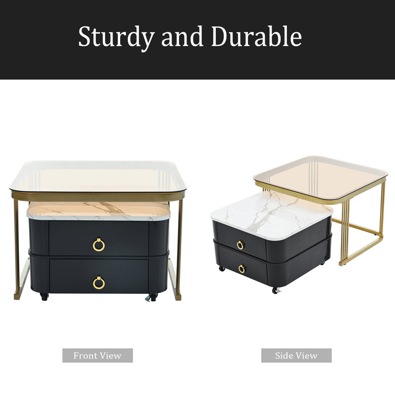 2-In-1 Square Nesting Coffee Table With Wheels & Drawers, Stackable Side Table With High Gloss Marble Grain Top, End Table Set With Brown Tempered Glass For Living Room