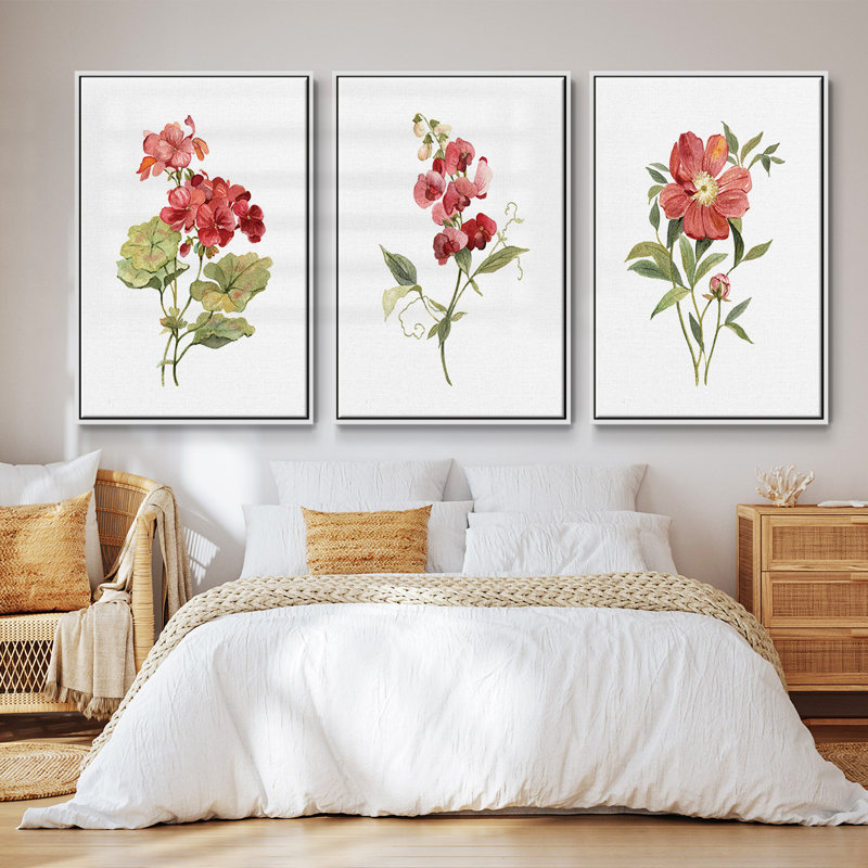 Ensemble de 3 pièces encadrées sur toile géranium écarlate, Blanc, H 36 po x l 72 po