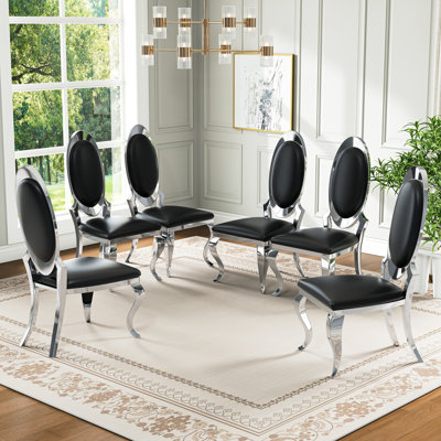 Mid-Century Dining Chair Set, Faux Leather Cushioned Seat With Oval High Backrest And Curved Mirror Stainless Steel Legs