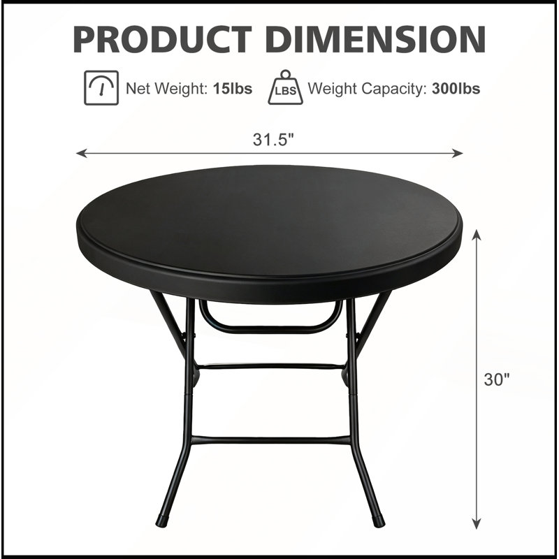 Table pliante ronde de 31,5 cm, idéale pour les cocktails, les bistrots et les fêtes en plein air (mariages, jardins, etc.). Facile à installer.